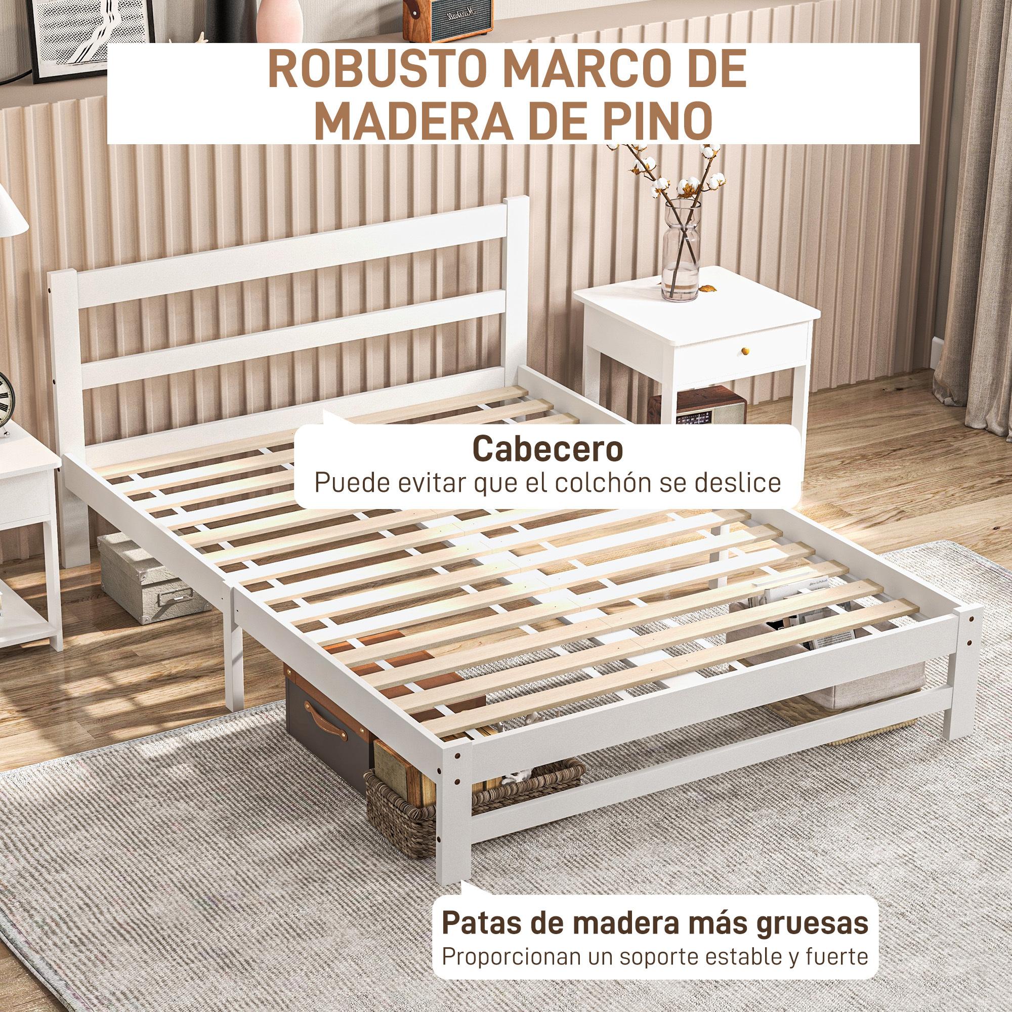 Marco de Cama de Madera 195x141 cm Estructura de Cama Somier Doble para Colchón de 135x190 cm (no incluido) Carga 300 kg Blanco