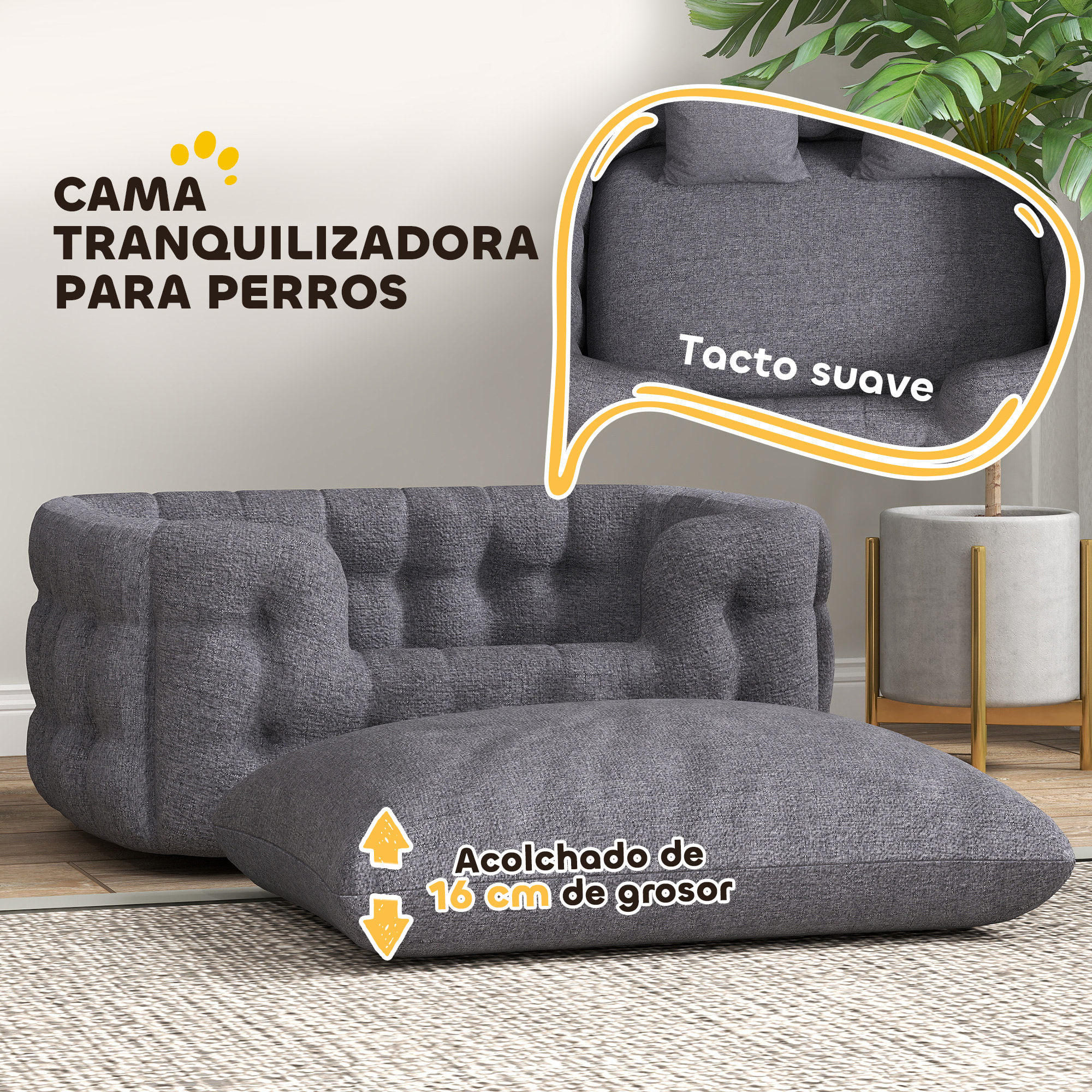 Cama para Perros Medianos Cama para Mascotas con 2 Almohadas Colchón para Perros con Base Antideslizante Funda Extraíble y Lavable 90x60x35 cm Gris