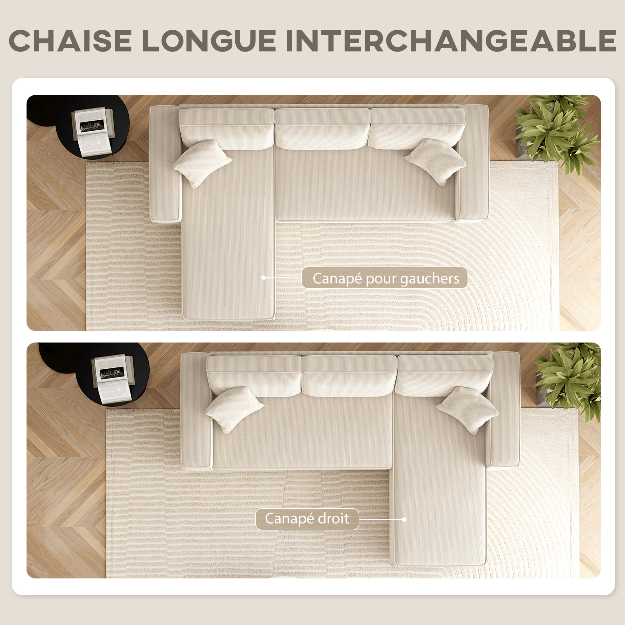 Canapé d'angle réversible 3 places velours côtelé avec 2 coussins crème