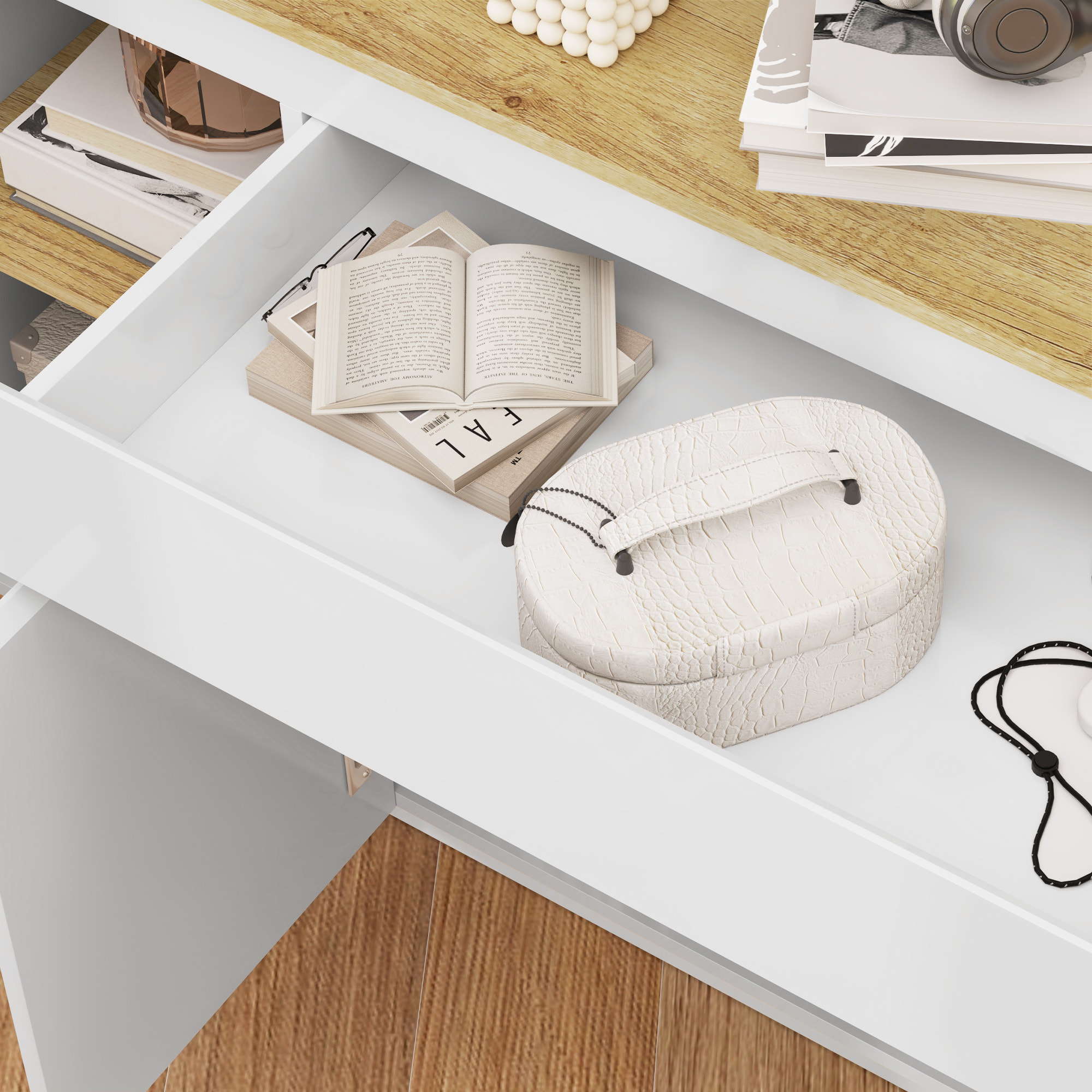 Aparador de 4 Puertas Aparador de Salón con Cajón y Estantes Ajustables para Dormitorio Sala de Estar 140x40x75 cm Natural y Blanco Brillo