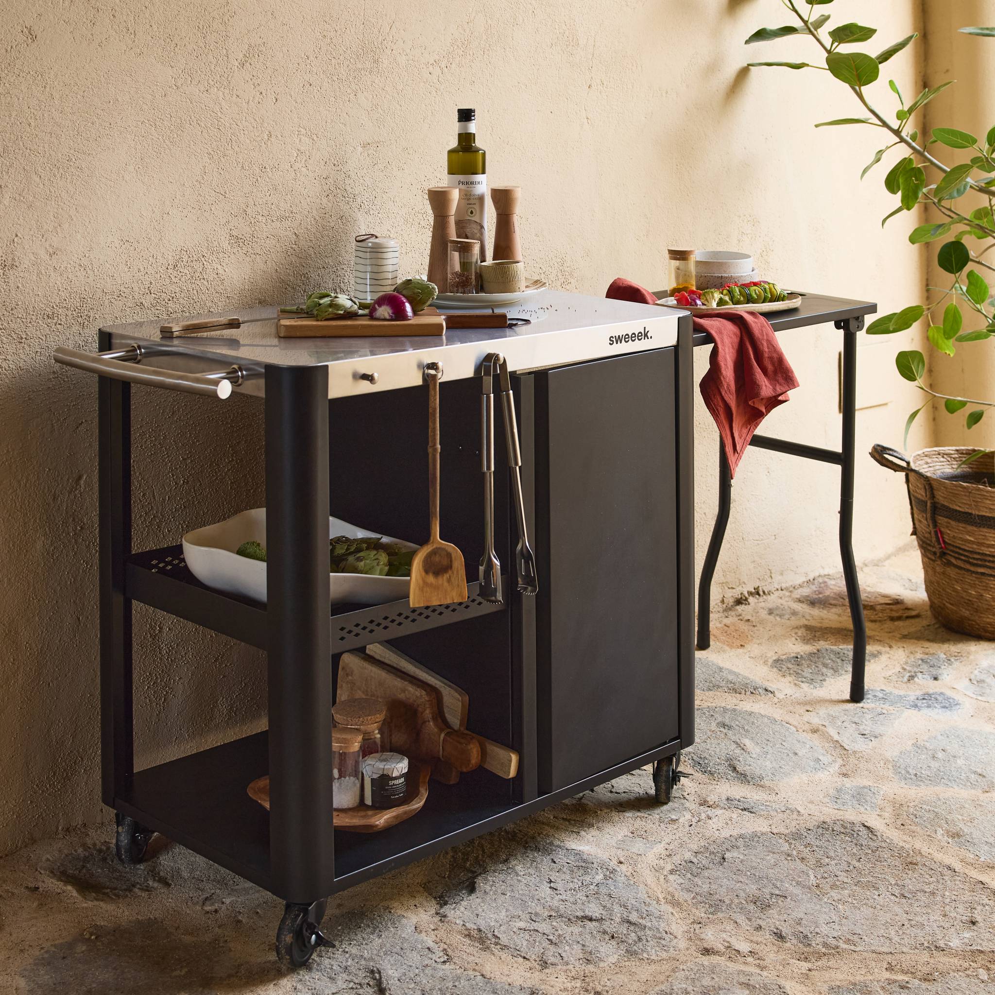 Desserte extérieure ANDY noire mat en acier inoxydable 94.5 cm avec tablette rabattable. L 156 x l 49.5 x H 80 cm