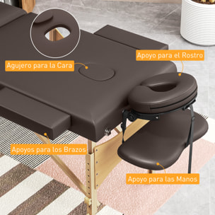 Camilla Masaje Plegable Portátil Camilla Estética Profesional de Madera de 3 Zonas con Altura, Respaldo, Soporte para Piernas, Reposacabezas Ajustables Brazos Acolchados 215x60x64-89 cm Marrón