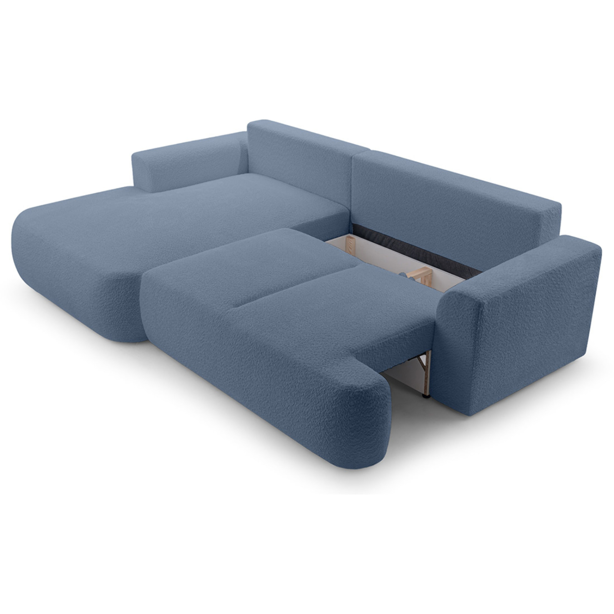 Candela - canapé d'angle gauche 4 places - convertible avec coffre - en tissu bouclette - Bleu