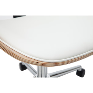 Chaise de bureau à roulettes design blanc, bois clair et acier chromé GLORY