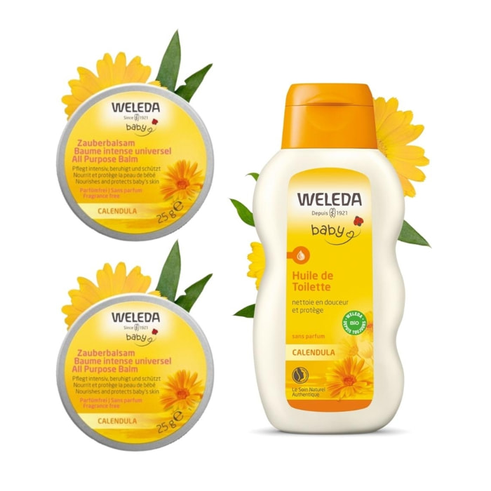 WELEDA - Duo rituel soins Bébé - Baume intense universel au calendula + Huile de toilette au calendula - soins sans eau - Vegan* - Certifié Natrue** - Pot 25g et flacon 200 ml