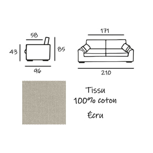 Canapé 4 pl TRESSIN 210 cm fixe tissu coton Écru - 100% déhoussable - Fab. France