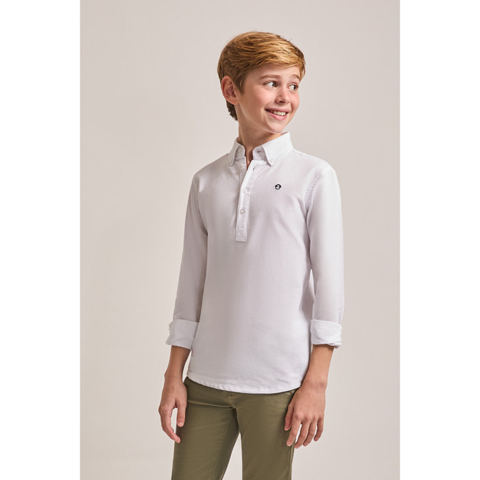 Polo Niño Manga Larga en Algodón Camisa Color Blanco Tipo Polo con Cuello Abotonado y Puños, Blanco Básico Casual y Escolar | Color: Blanco | Street Monkey