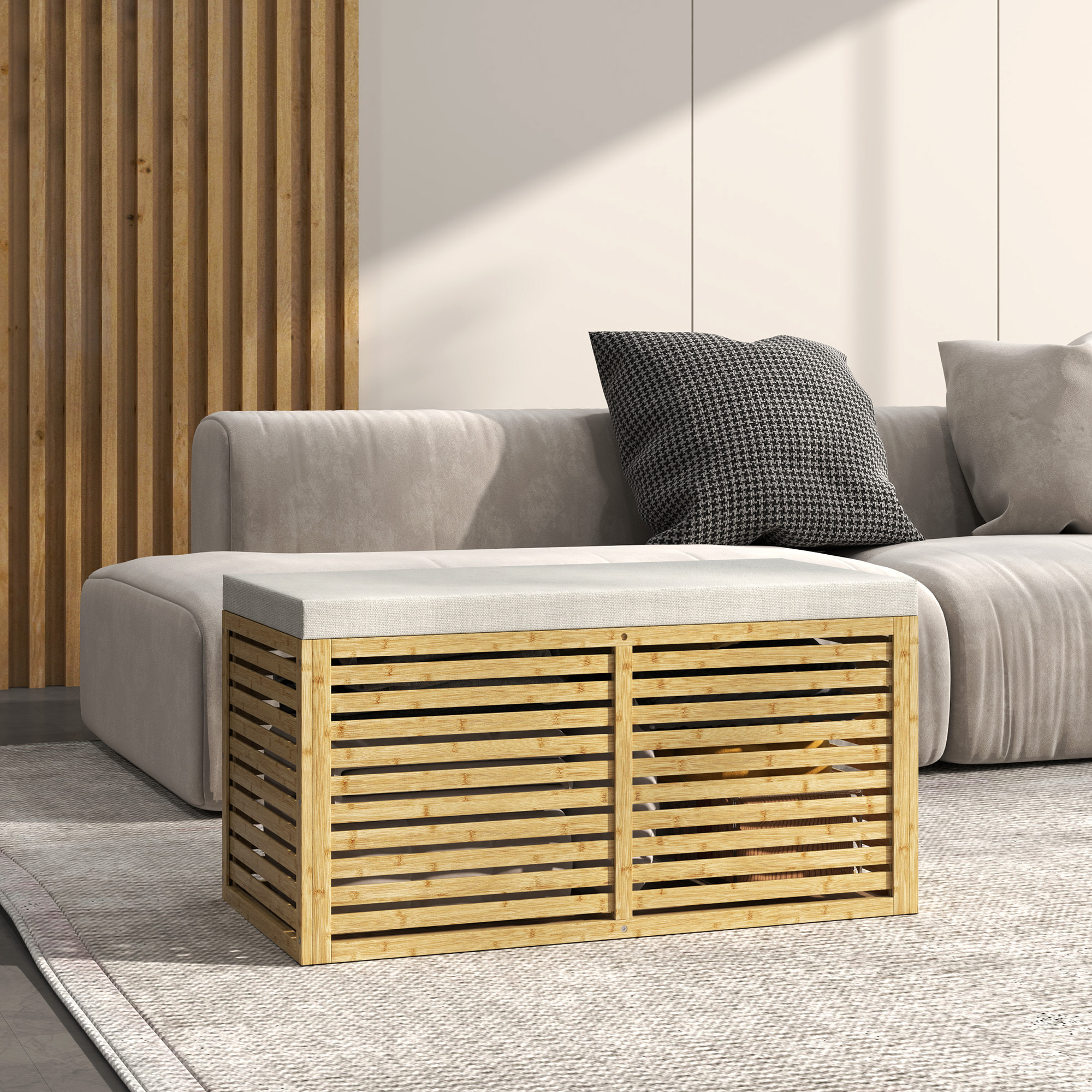 Baúl de Almacenaje para Dormitorio 122L Taburete de Almacenaje Tapizado en Lino Sintético con Cojín Marco de Bambú para Entrada Salón 90x42x43 cm Gris y Natural