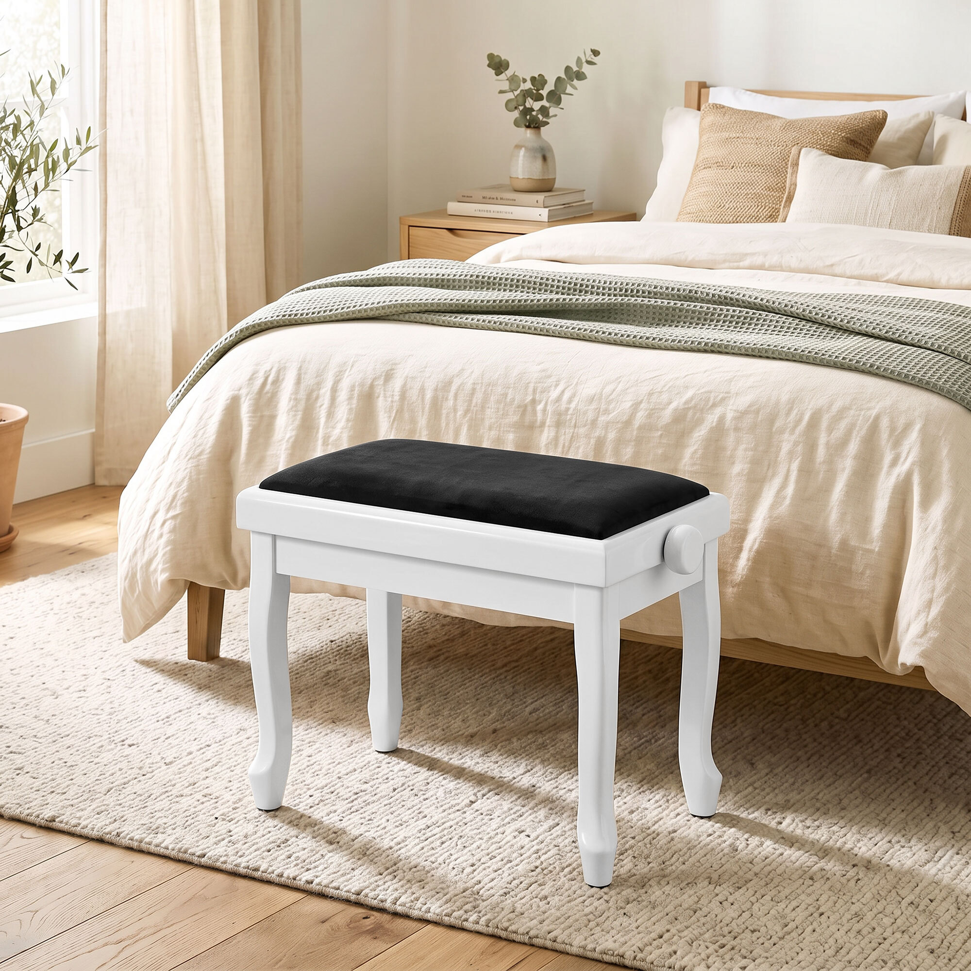 Banc de Piano, Tabouret Piano Réglable en Hauteur 45-56 cm, Siège Rembourré en Velours, Blanc