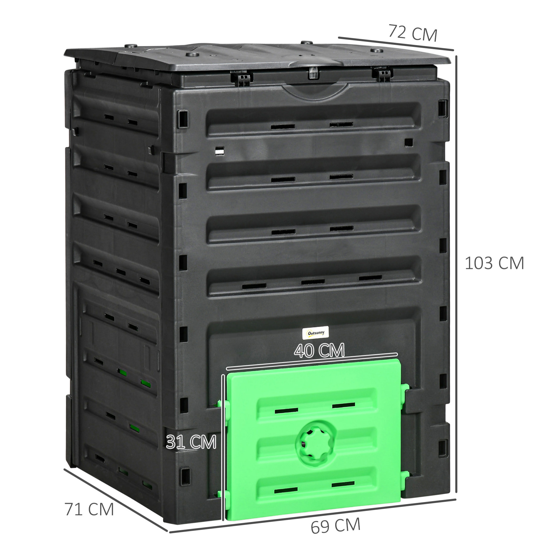 Composteur de jardin 450L 80 aérations 2 trappes coulissantes toit ouvrant noir vert