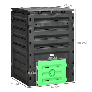 Composteur de jardin 450L 80 aérations 2 trappes coulissantes toit ouvrant noir vert