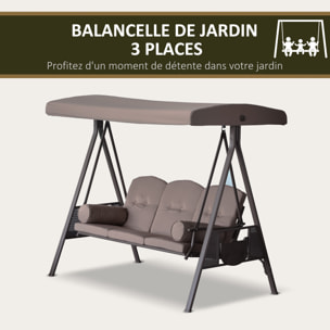 Balancelle de jardin 3 places grand confort toit inclinaison réglable coussins plateaux rétractables polyester filé marron