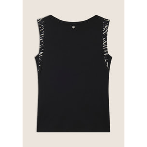 T-shirt senza maniche con dettagli dorati e animalier