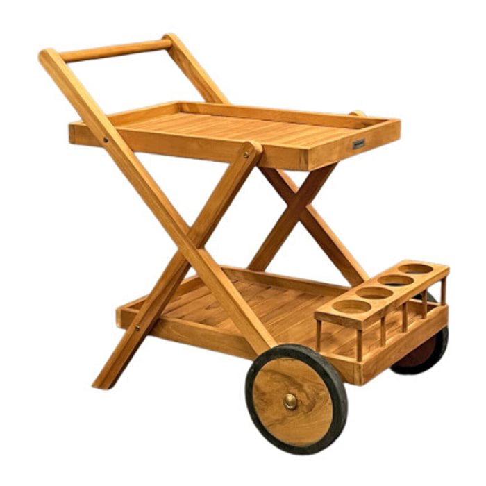 Desserte 2 plateaux 4 porte-bouteilles en bois de teck massif – TECKIA