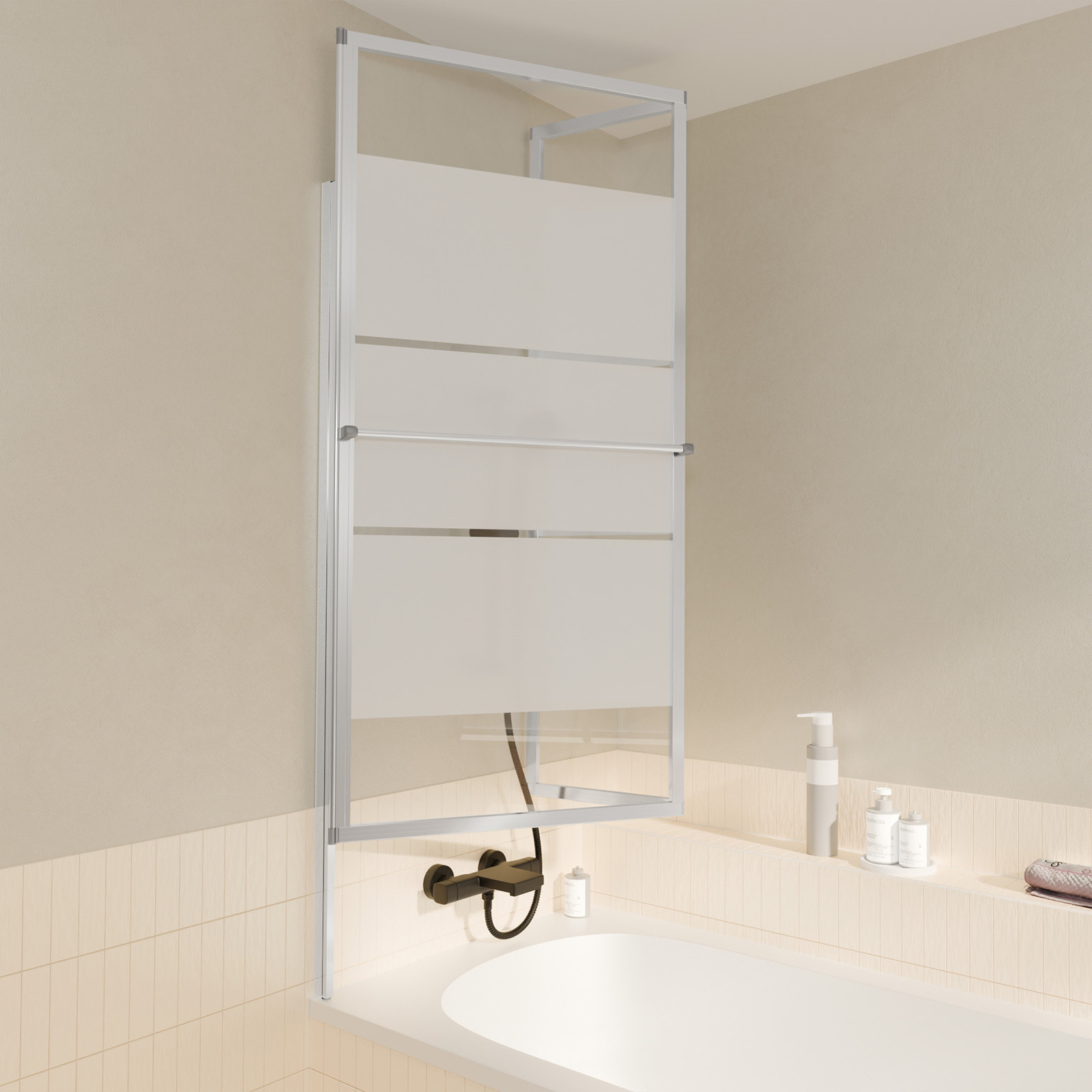 Pare baignoire relevable 139x105cm avec volet - verre transparent avec bande depolie