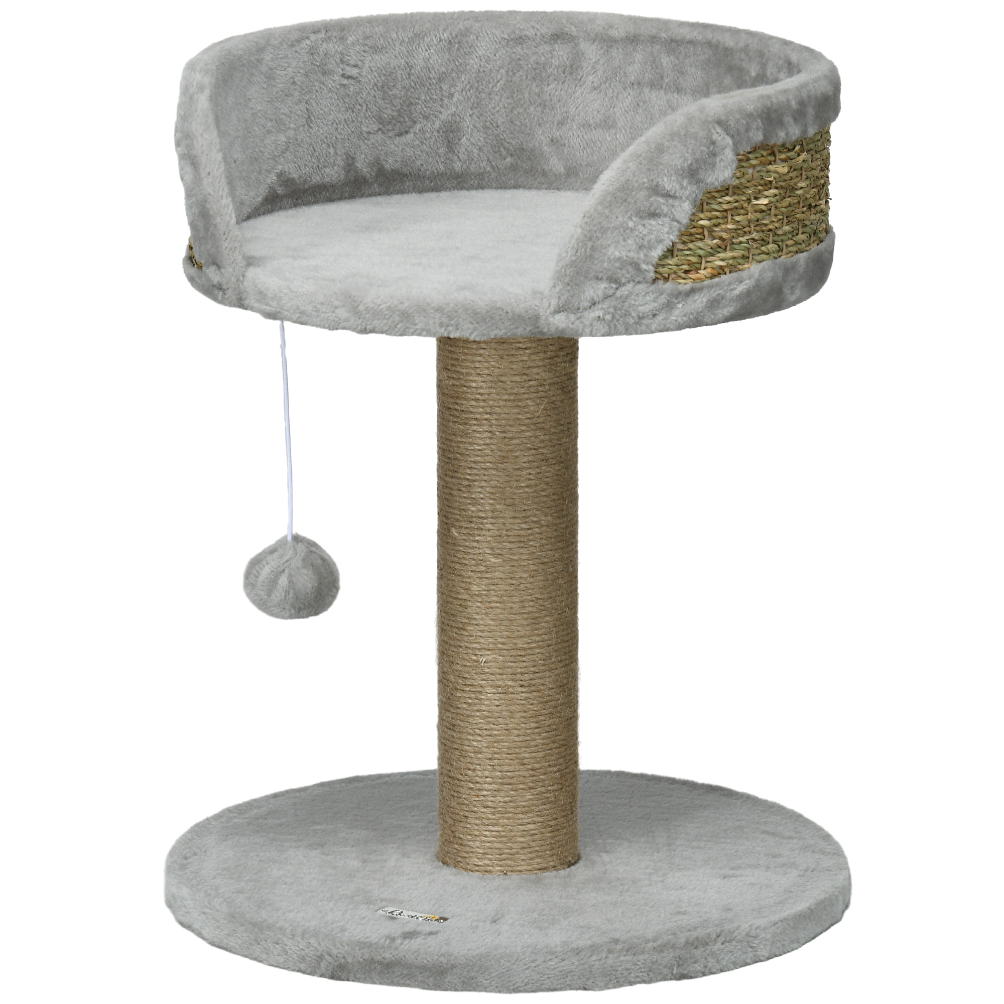 Arbre à chat griffoir 2 niveaux H. 49 cm - poteau sisal, plateforme observation, jeu de boule suspendue - jute polyester gris