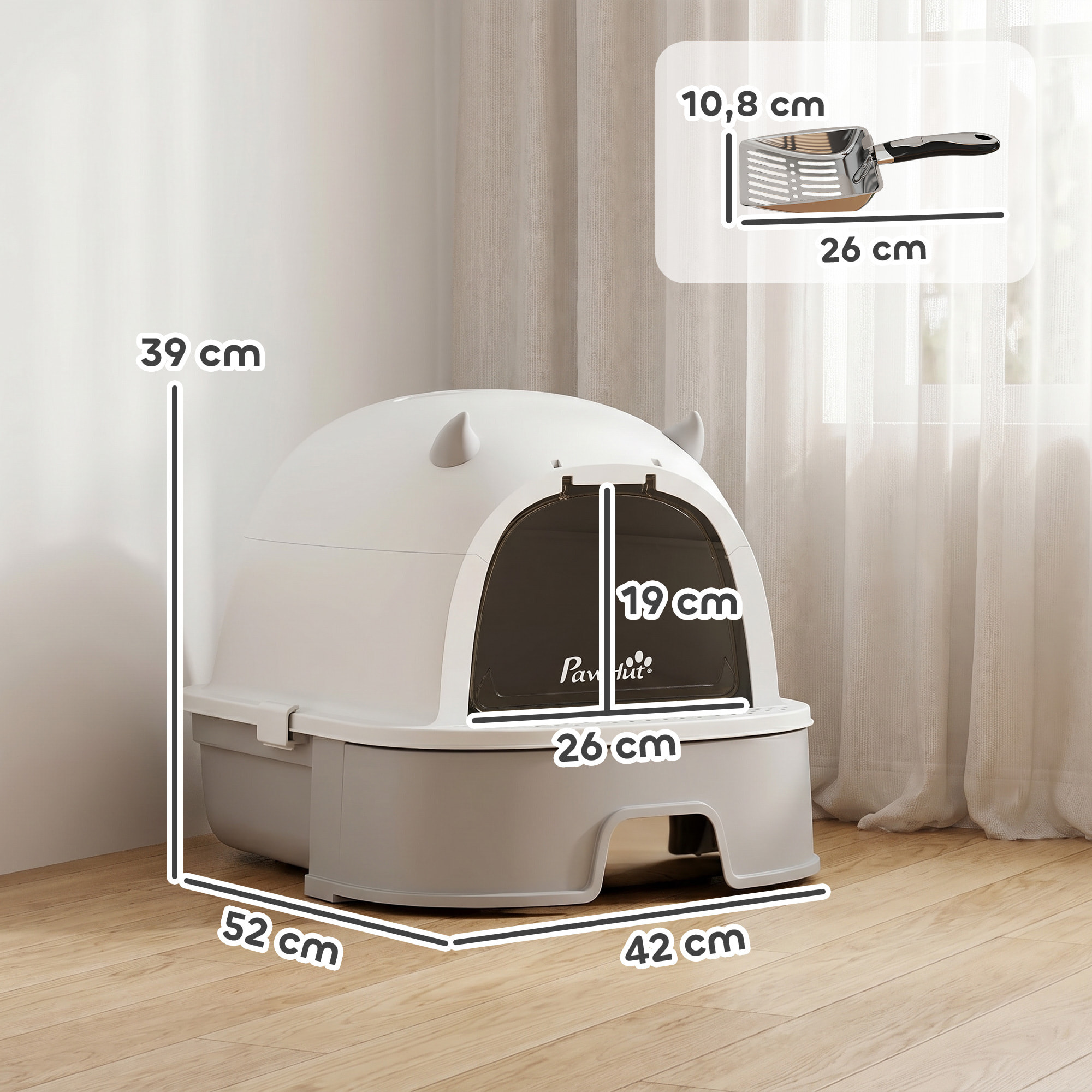 Arenero para Gatos, L, Caja de Arena para Gatos con Tapa Extraíble y Bandeja de Acero Inoxidable Extraíble, Pala, Filtros de Carbón, Fácil de Limpiar, Antifugas, Control de Olores, Gris