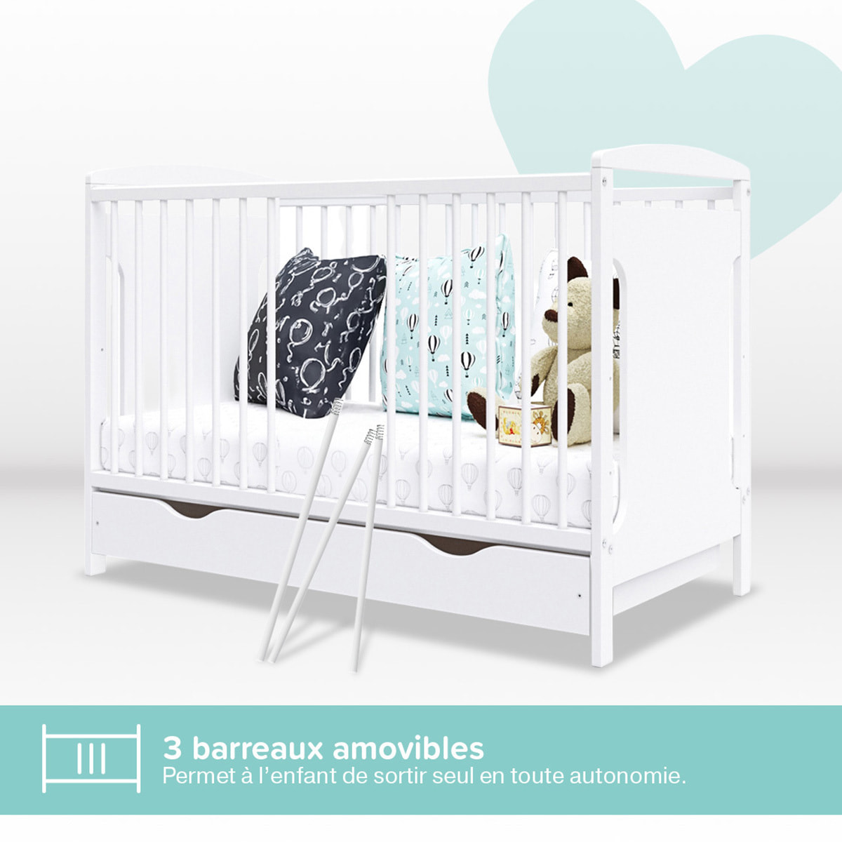 Lit Bébé Évolutif Margot 60x120 cm en Bois, Blanc, Avec Tiroir intégré, Sommier Réglable 3 Hauteurs, Barreaux Amovibles