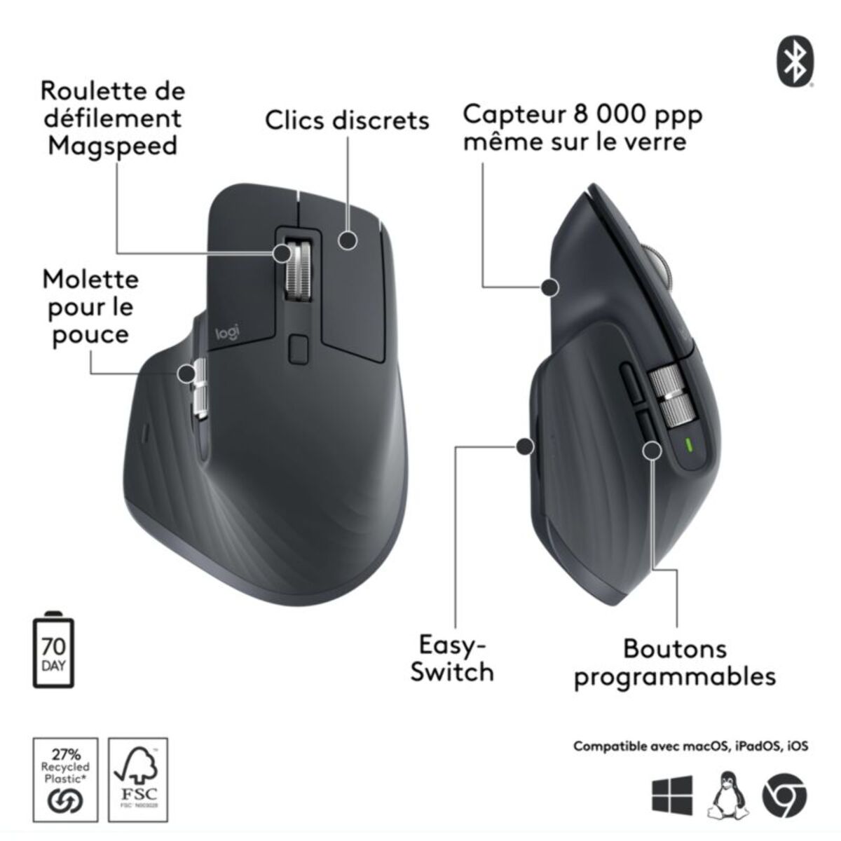 Souris sans fil LOGITECH MX Master 3S Bluetooth