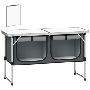 Mesa de Cocina de Camping Plegable, Mueble de Cocina de Camping Portátil con Armario de Tela Oxford, Marco de Aluminio, para Picnic, BBQ y Actividades al Aire Libre, 120x47x70 cm, Plateado