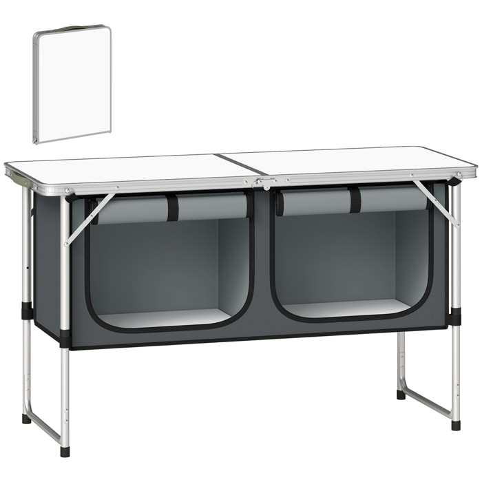 Mesa de Cocina de Camping Plegable, Mueble de Cocina de Camping Portátil con Armario de Tela Oxford, Marco de Aluminio, para Picnic, BBQ y Actividades al Aire Libre, 120x47x70 cm, Plateado