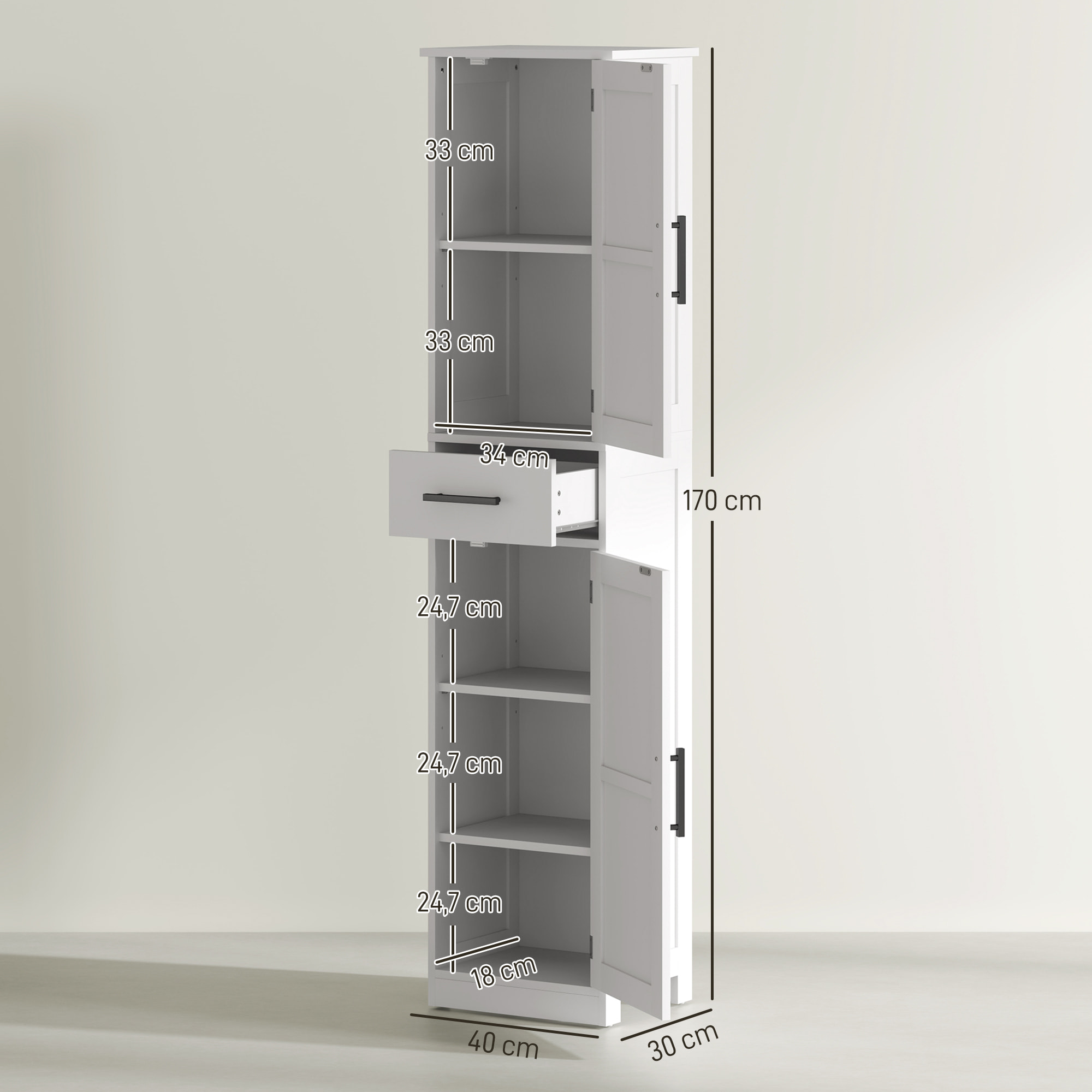 Armario Alto de Baño Estrecho con 2 Puertas 1 Cajón y 2 Estantes Ajustables Columna de Baño Estilo Rústico para Salón Aseo Cocina 40x30x170 cm Blanco