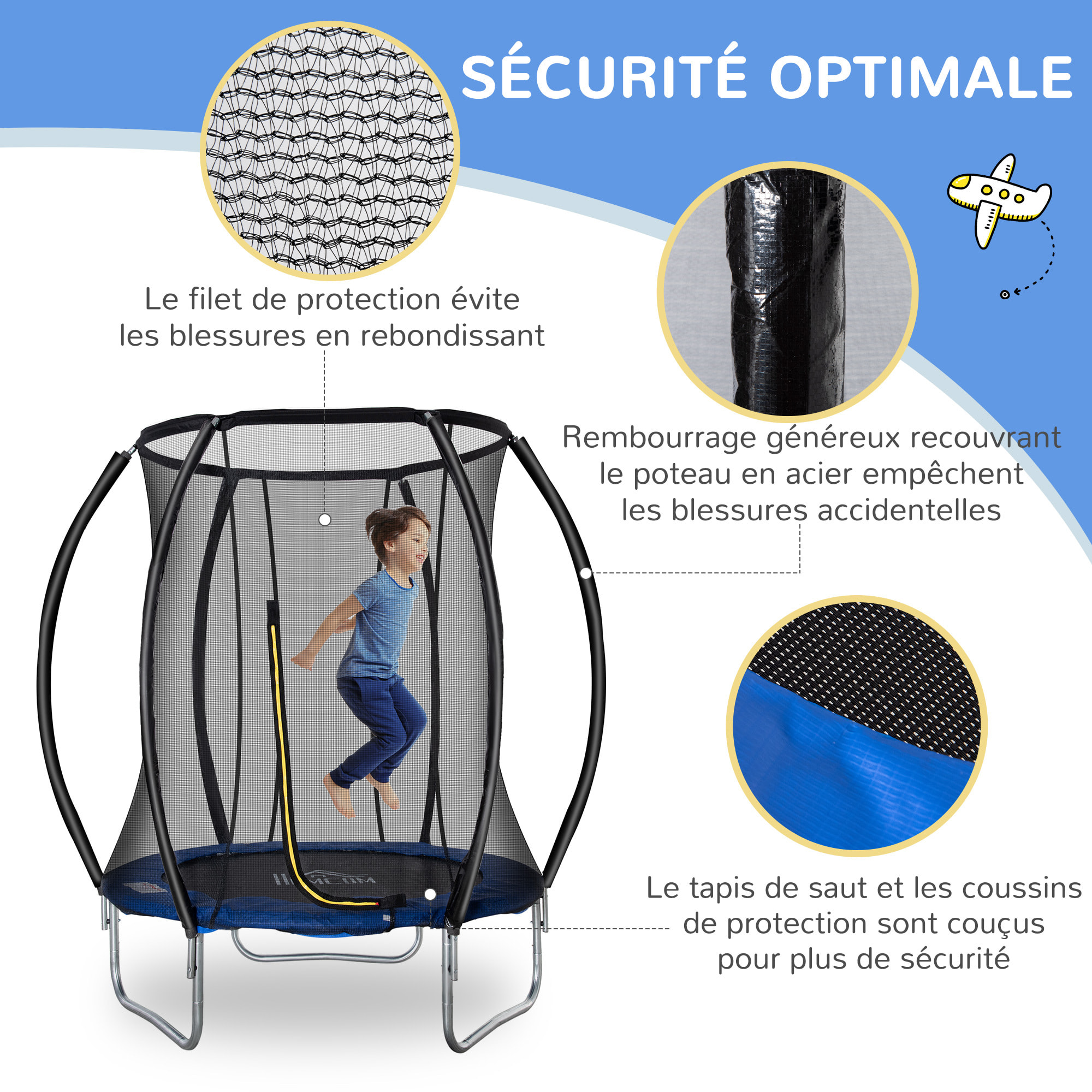 Trampoline enfant Ø 2,25 × 2,35H m filet de sécurité porte zipée couvre-ressorts 6 poteaux rembourrés incurvés bleu