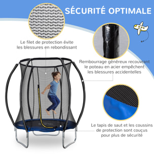 Trampoline enfant Ø 2,25 × 2,35H m filet de sécurité porte zipée couvre-ressorts 6 poteaux rembourrés incurvés bleu
