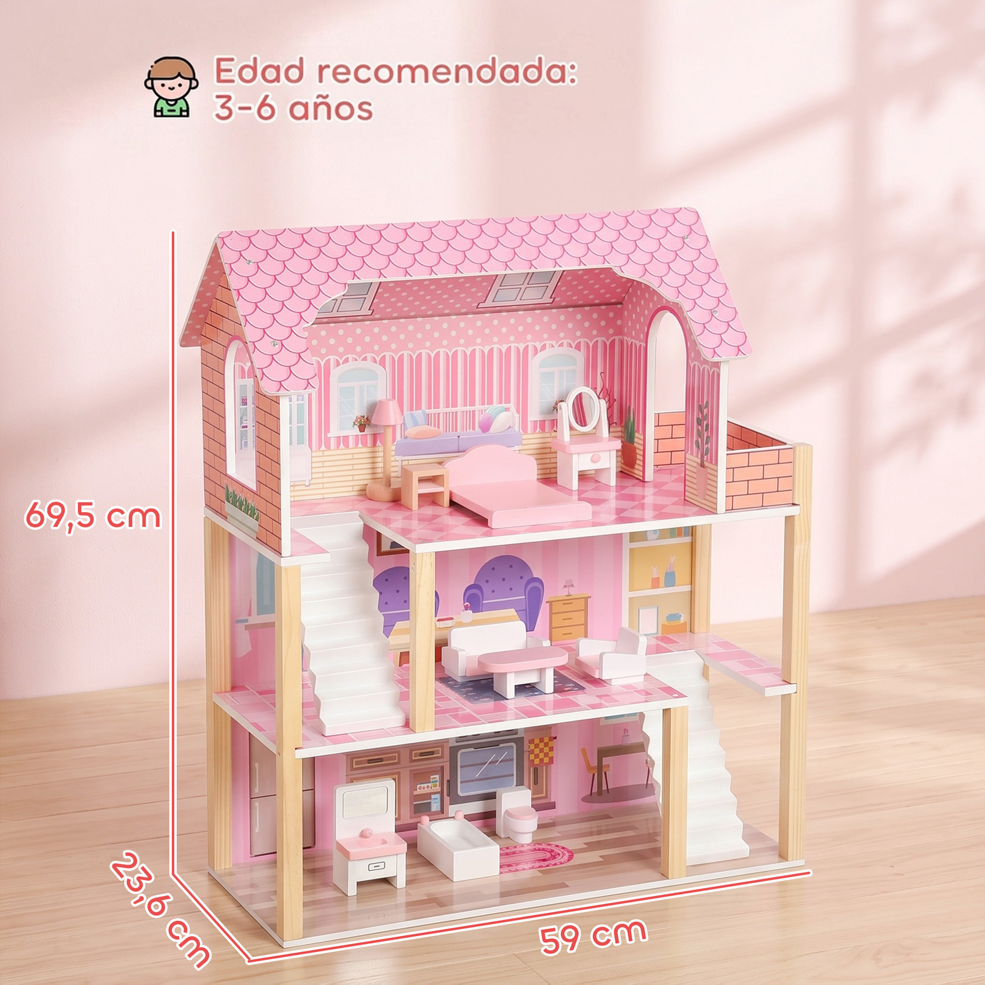 AIYAPLAY Casa de Muñecas de Madera 3 Pisos con Balcón, Escaleras y 10 Muebles, Casita de Muñecas para Niñas, Juguete de Imitación para Niños de 3 a 6 Años, Rosa