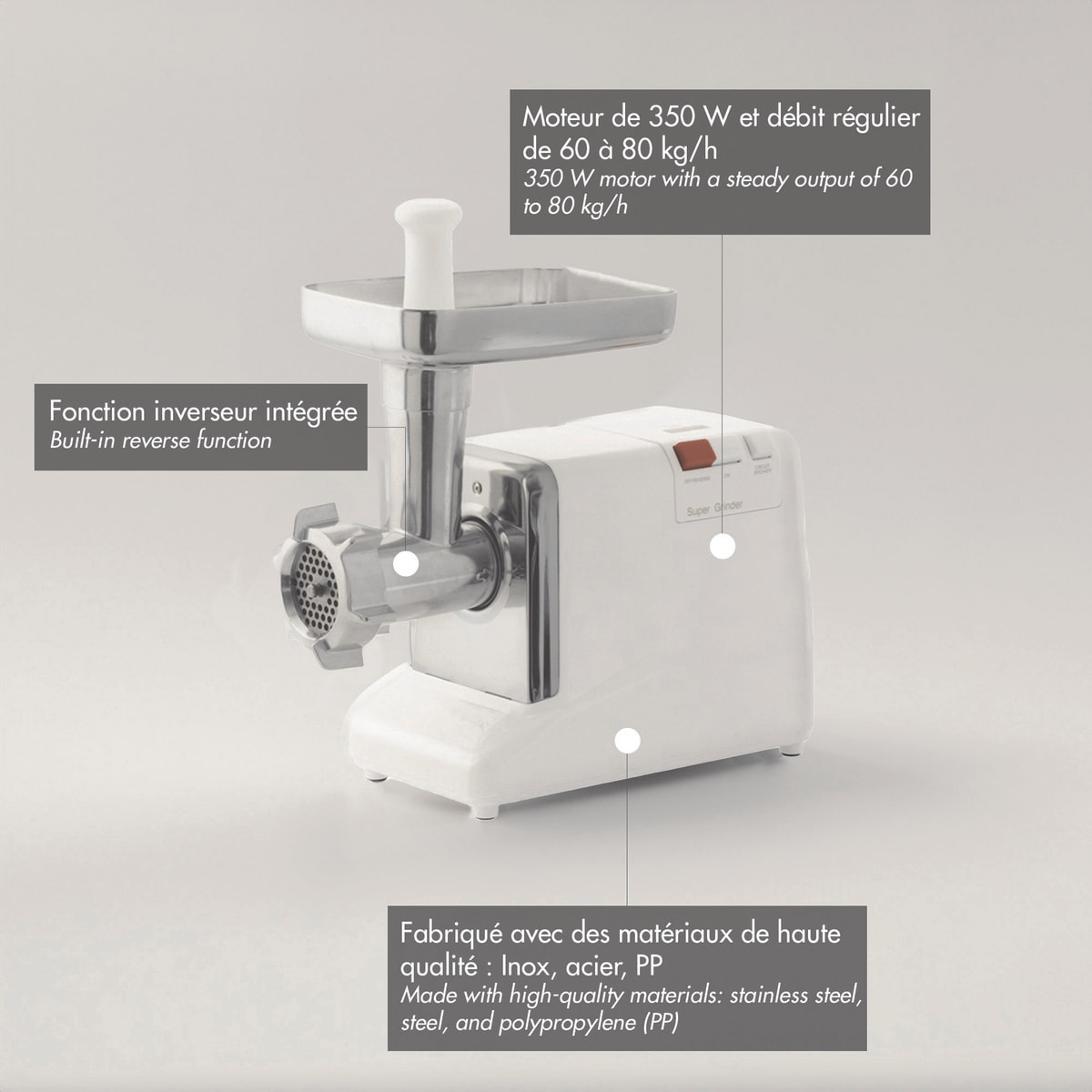 Hachoir électrique avec inverseur - 60 à 80 kg/h - 350 W - 3 grilles - 3 entonnoirs