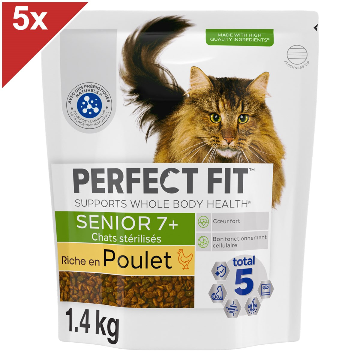 PERFECT FIT 7+ Croquettes Riche en Poulet pour chat senior stérilisé 5x1,4kg