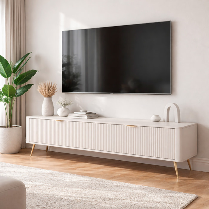 Mobile Porta TV Con 2 Ante A Ribalta Finitura Cannettato Mobiletto Design Moderno Elegante Piedini Slanciati Soggiorno Camera  200 x 51 x 38 Cm Cashmere