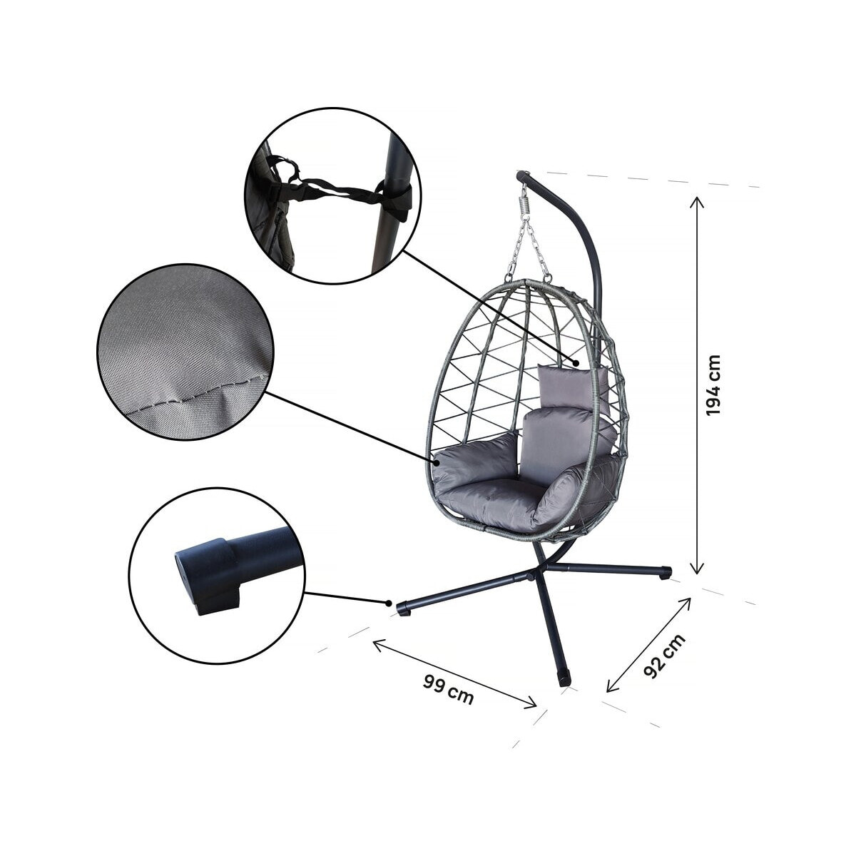 Fauteuil oeuf suspendu en rotin "Cosi" - 99 x 92 x 194 cm - Gris