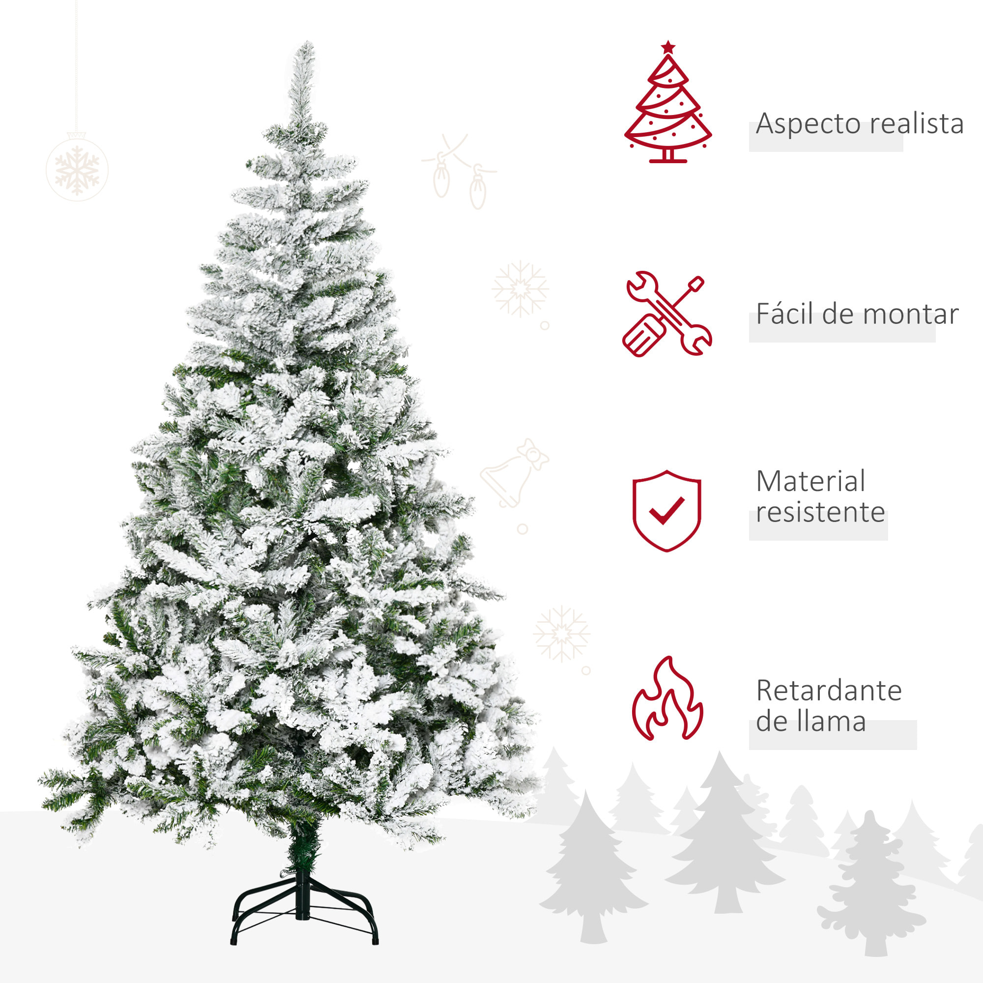 Árbol de Navidad Artificial 180cm con Nieve Ignífugo con 750 Ramas Hojas de PVC