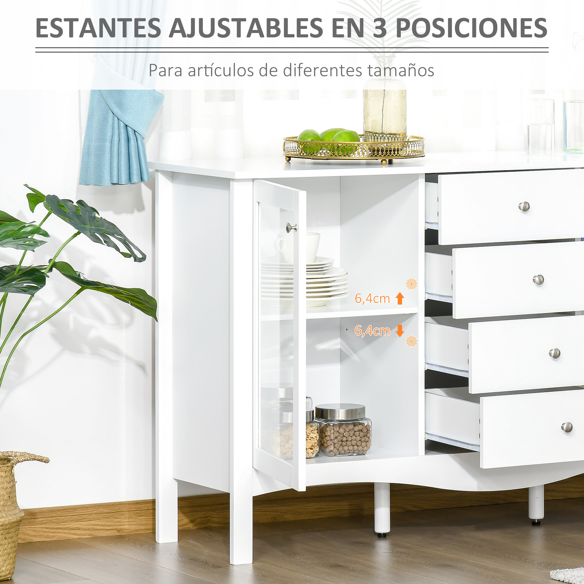 Aparador de Cocina Armario Buffet con 2 Puertas de Vidrio Estante Ajustable Interior y 4 Cajones Mueble Auxiliar para Comedor Salón 136x45x85 cm Blanco