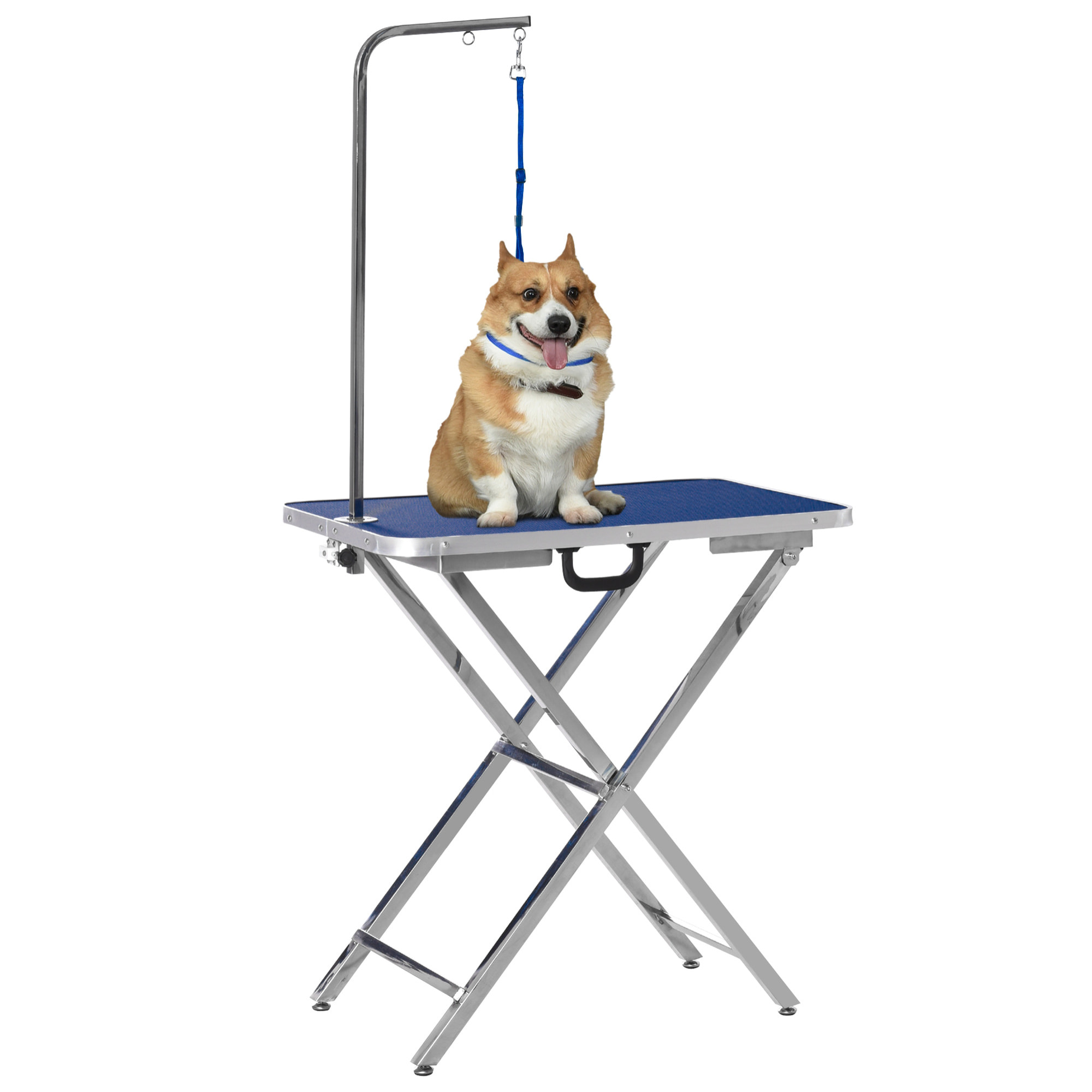 Mesa de Peluquería para Mascotas Mesa de Aseo Altura Regulable con Encimera Antideslizante Patas Plegables de Acero Inoxidable Asa y Brazo con Altura Ajustable 72x45x74-81 cm Azul