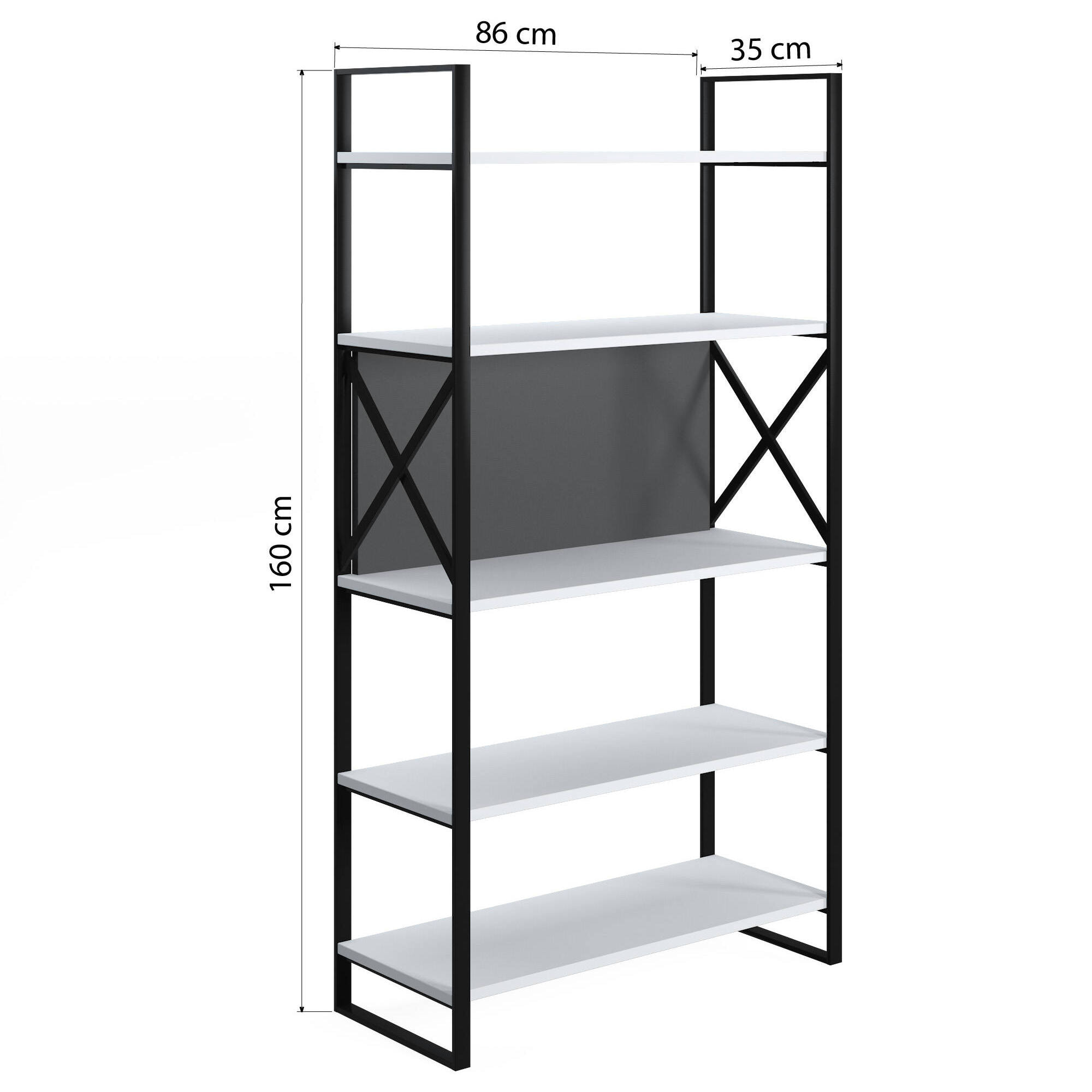 Libreria con cinque ripiani sviluppata in altezza, cm 86 x 35 x 160, colore bianco e antracite