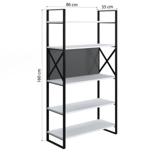 Libreria con cinque ripiani sviluppata in altezza, cm 86 x 35 x 160, colore bianco e antracite