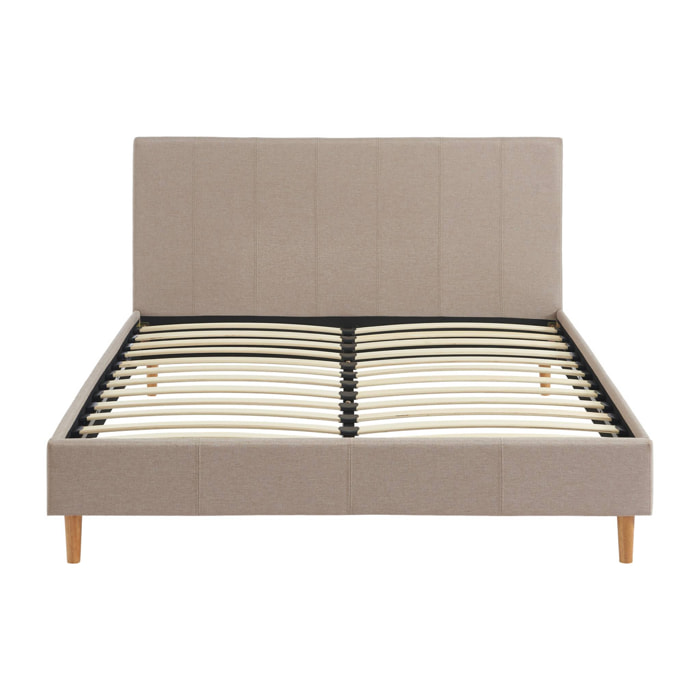 Lit avec sommier à lattes et tête de lit. finition tissu. beige. L 202 x P 148 x H 89cm