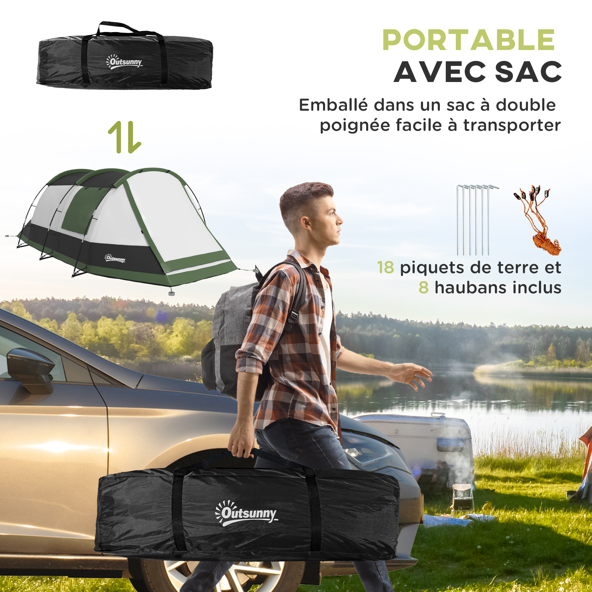 Tente de camping familiale 3-4 pers. - tente tunnel porche étanche 2000 mm - sac de transport inclus - gris
