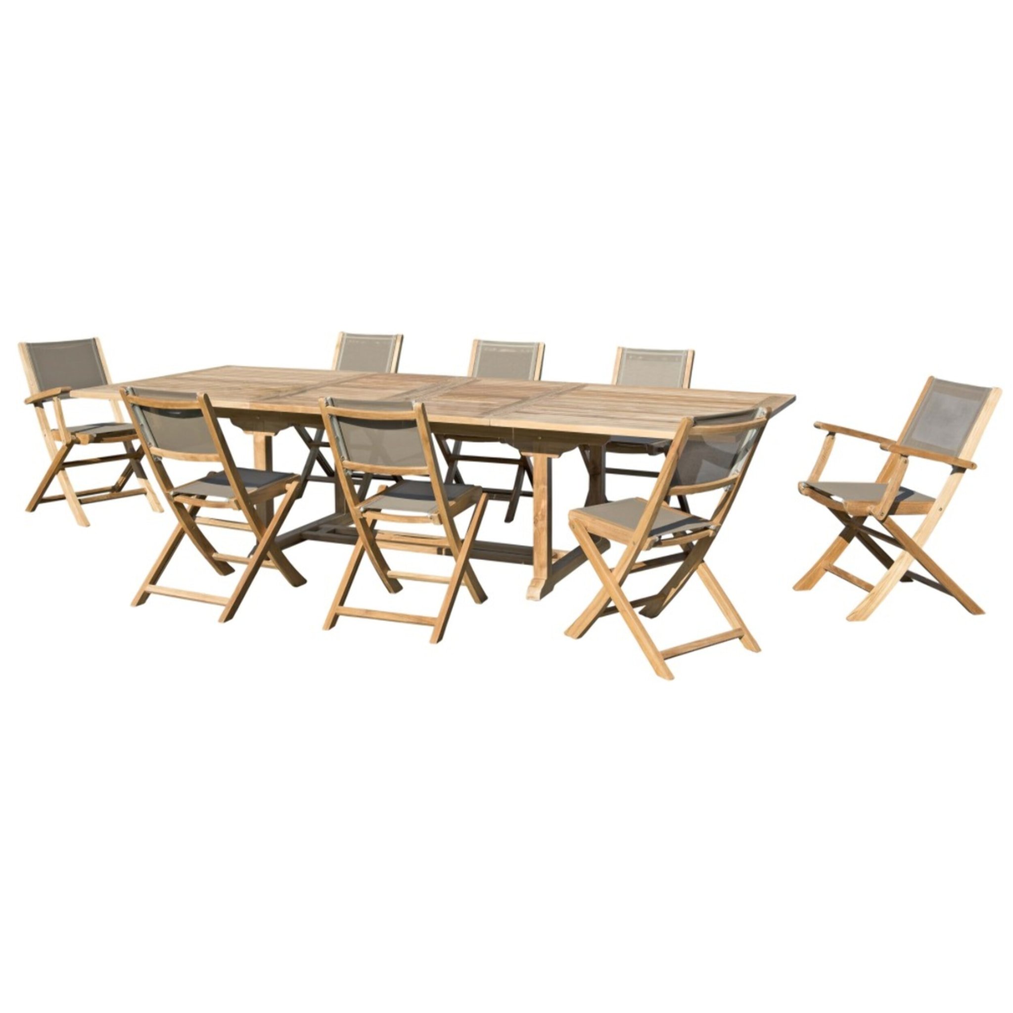 FUN - SALON DE JARDIN EN BOIS TECK 10/12 pers - 1 Table rect. extensible - 6 chaises et 2 fauteuils textilène couleur taupe