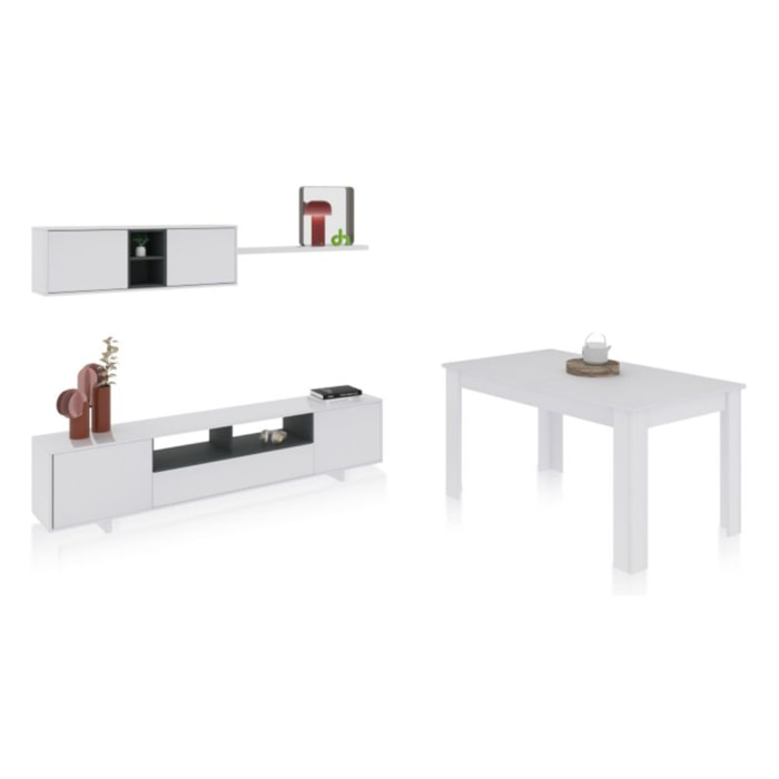 Pack salón con mesa de comedor Kenzo Plus VB Blanco Brillo - Gris Antracita