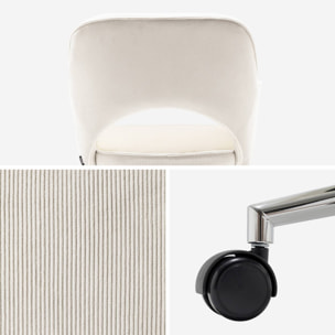 Chaise de bureau à roulettes velours côtelé blanc cassé piétement chromé. L 60 x P 62 x H 89 / 99cm