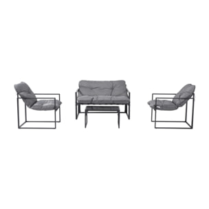 LANA Salon de jardin 4 places contemporain noir et coussins gris