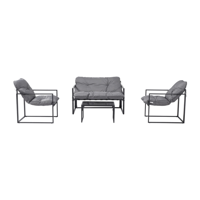 LANA Salon de jardin 4 places contemporain noir et coussins gris