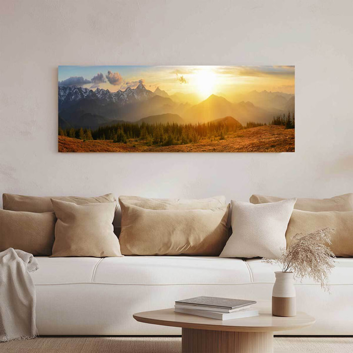 Tableau panoramique lever de soleil forêts et montagnes Toile imprimée