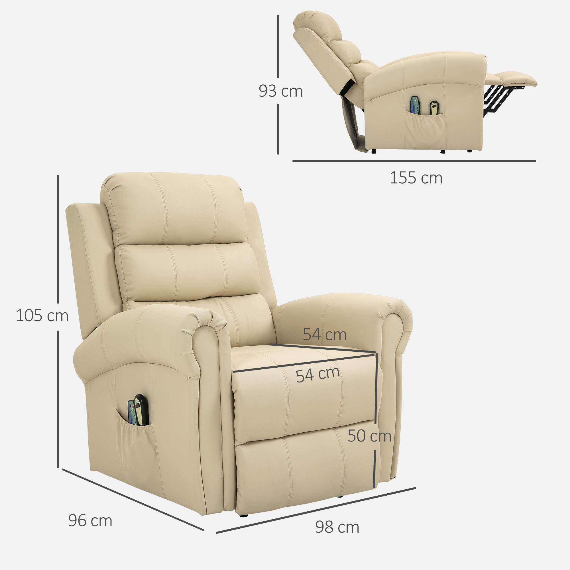 Sillón Relax Reclinable Eléctrico Levanta Personas, con Masaje Vibratorio y Calor, Sillón Elevador, con Control Remoto, Reposapiés, Tapizado en PU, Bolsillos Laterales, Crema