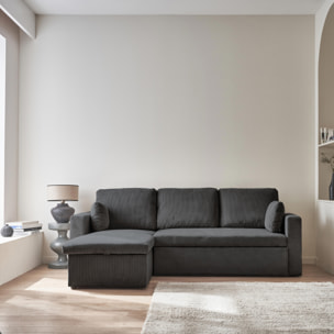 Canapé d'angle convertible en velours côtelé gris foncé  - IDA - 3 places. fauteuil d'angle réversible coffre rangement lit modulable