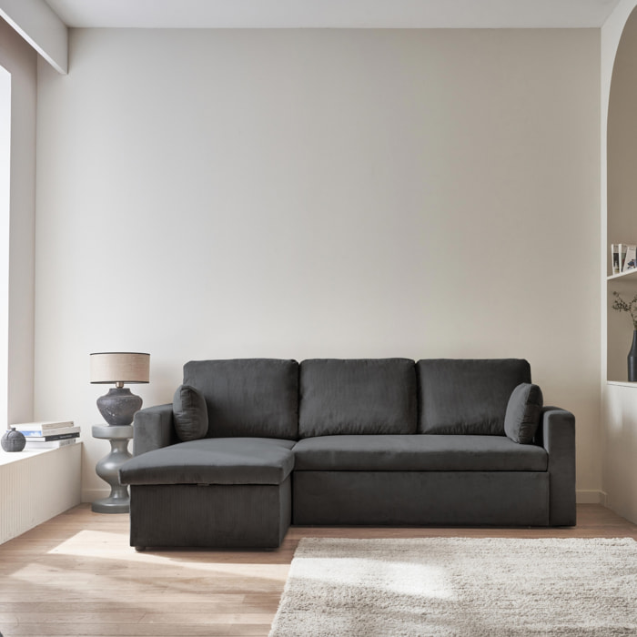 Canapé d'angle convertible en velours côtelé gris foncé  - IDA - 3 places. fauteuil d'angle réversible coffre rangement lit modulable
