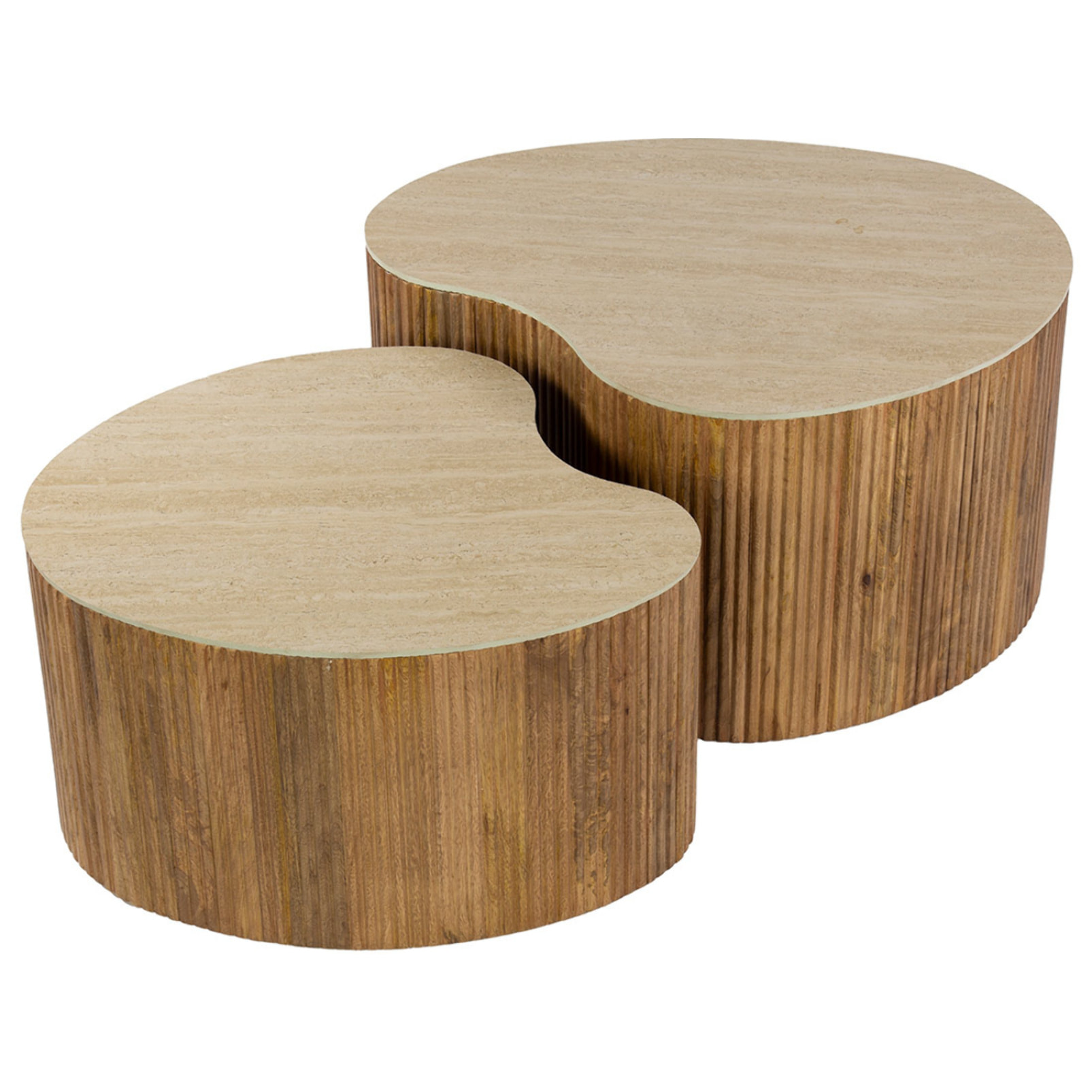Jade - lot de 2 tables basses gigognes effet travertin - pieds en bois massif de manguier - 93 et 76 cm - Bois / Beige